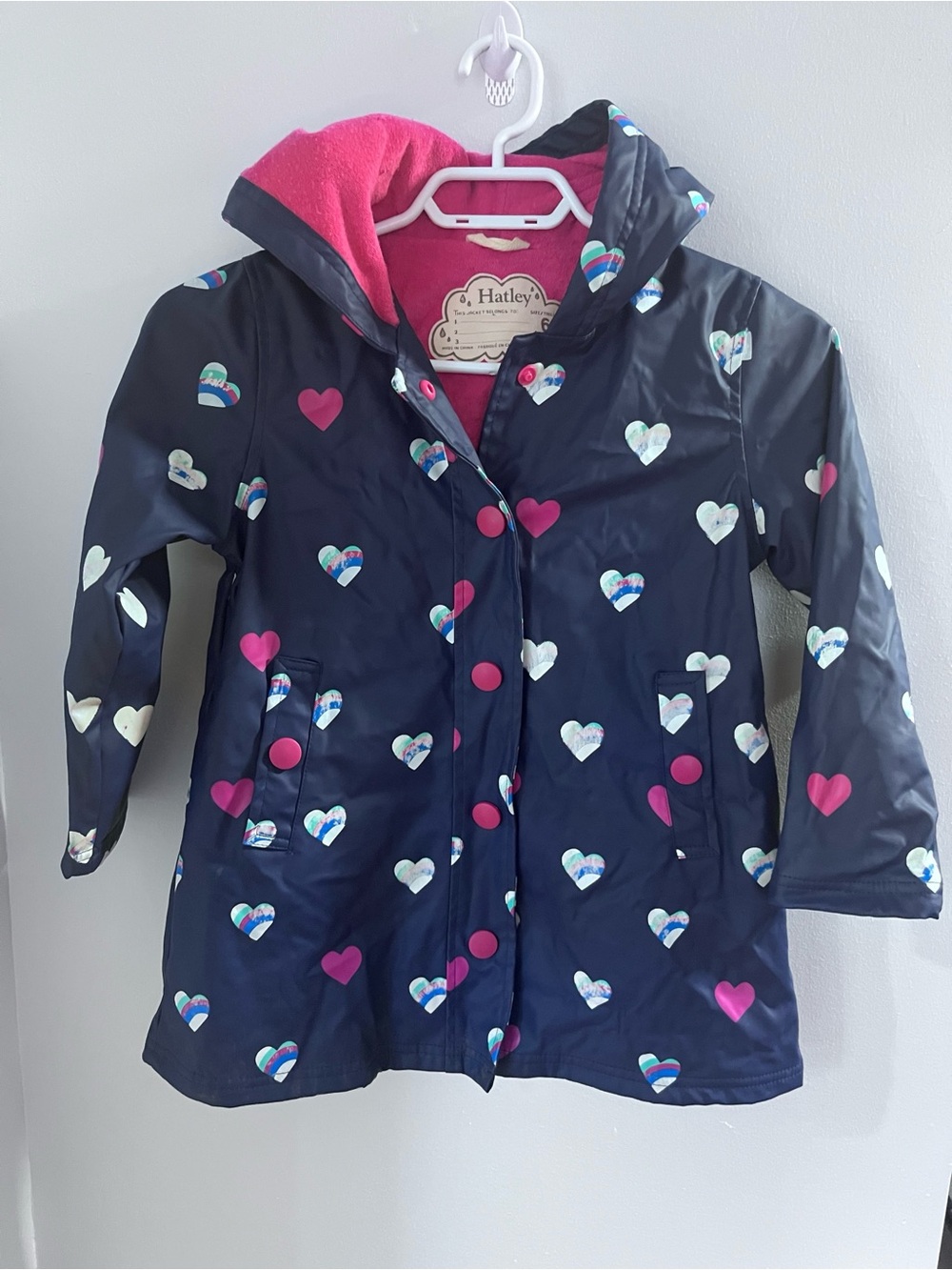 Hatley Navy Raincoat with Pink Lining and Pink Accents Size 6